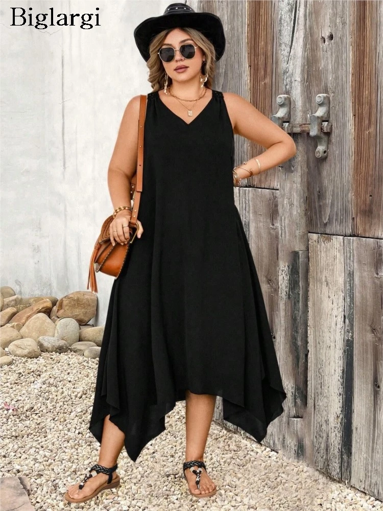 

Plus Size Summer Sleeveless Vests Dress Women Irregular Ruffle Pleated Fashion Loose Casual Ladies Dresses A-Line Woman Dress