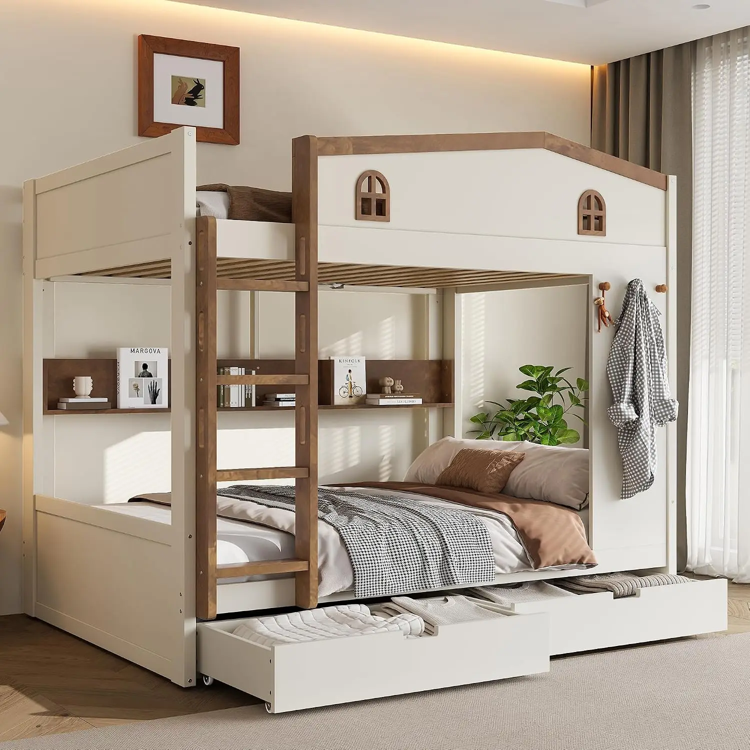 Queen Over Queen Bunk Bed with Storage Drawers Shelves Hooks Beige Natural, Customized