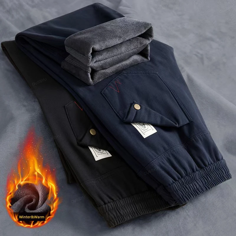 

High Quality Winter Fleece Warm Cotton Cargo Pants Men Work Overalls Loose Straight Joggers Outdoors Casual Thermal Trouser Male