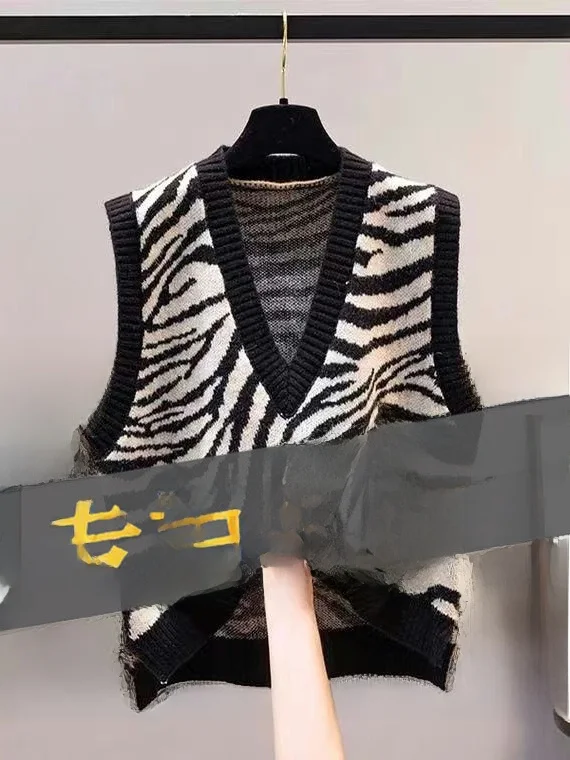 Women's Knitted Sweater Vest Autumn Outerwear Zebra Patterned V-Neck Warm Regular Fit Fleece-Lined Sleeveless Top