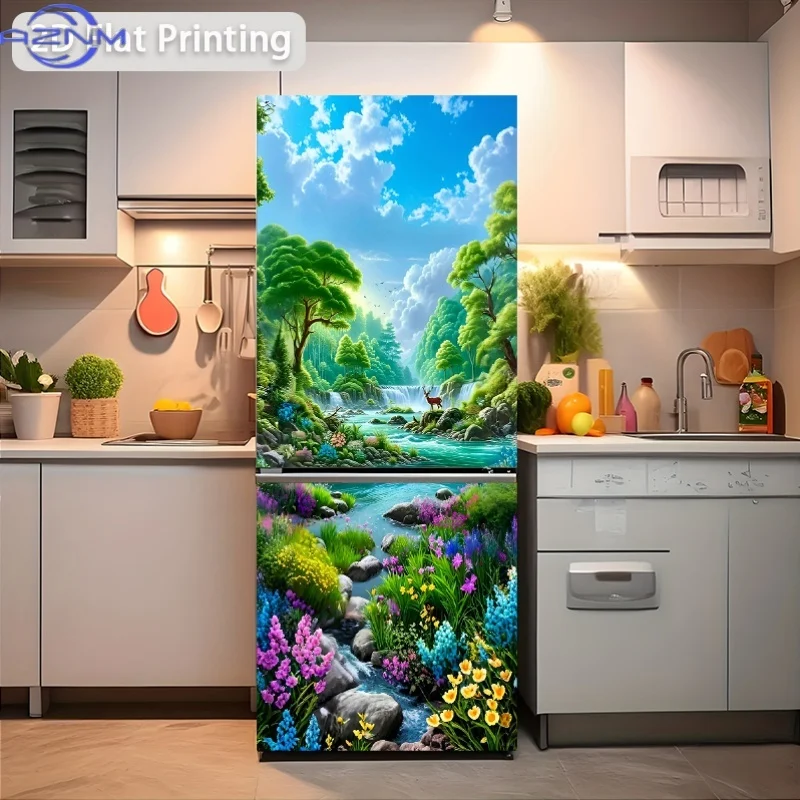 1 Sheet 2D Flat Design Refrigerator Sticker Forest Stream Deer Shadow Wallpaper Self-Adhesive Suitable for Cabinets And Wardro