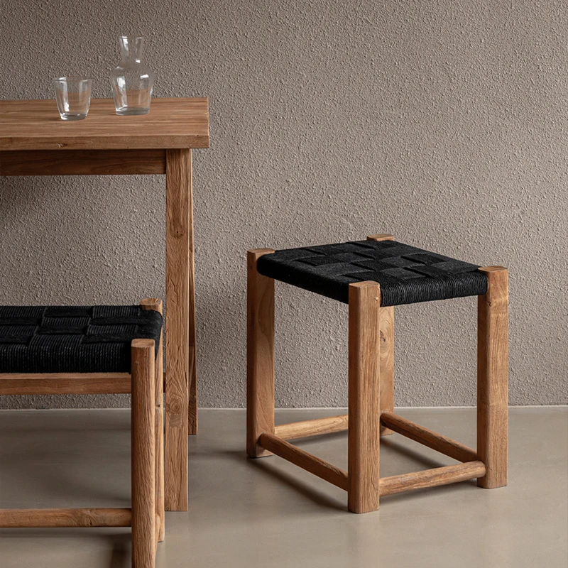 

Wabi-Sabi Rope Woven Single Chair, Vintage Japanese Solid Wood Stool, Entryway Shoe Bench, Minimalist Modern Vanity Seat