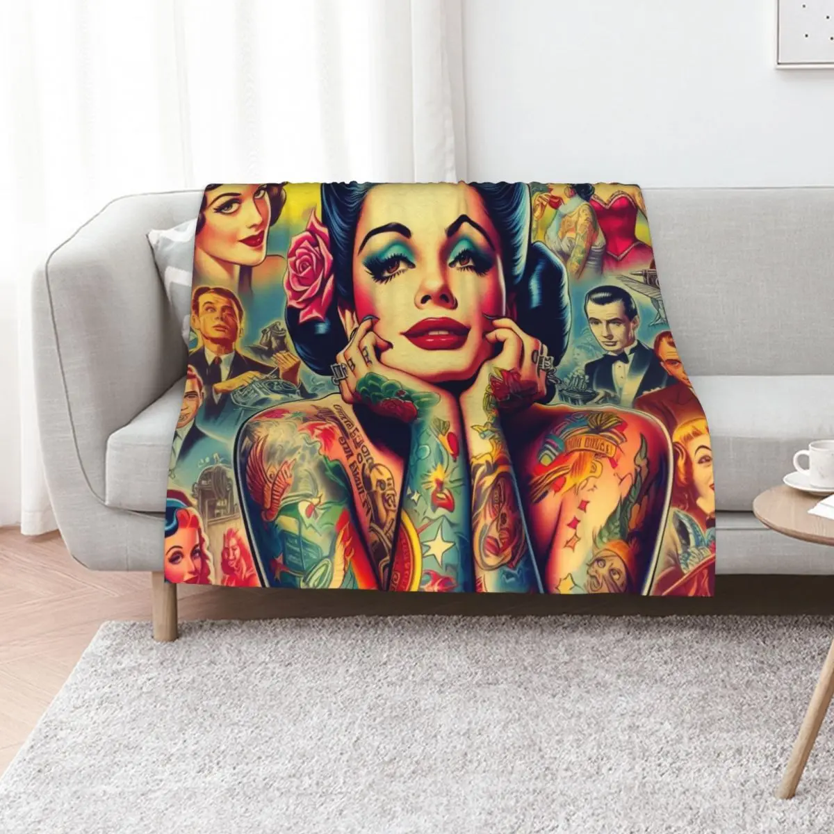 Retro Pretty Tattoo Pin-up Throw Blanket Luxury Vintage Kid'S bed plaid sofa bed Hair Blankets