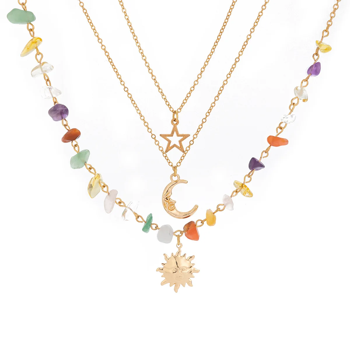 Retro Moon, Sun, Star Pendant Necklace 2024 Women\'s Multi layer Gold Color Metal Colored Stone Weaving Girls\' Fashion Jewelry