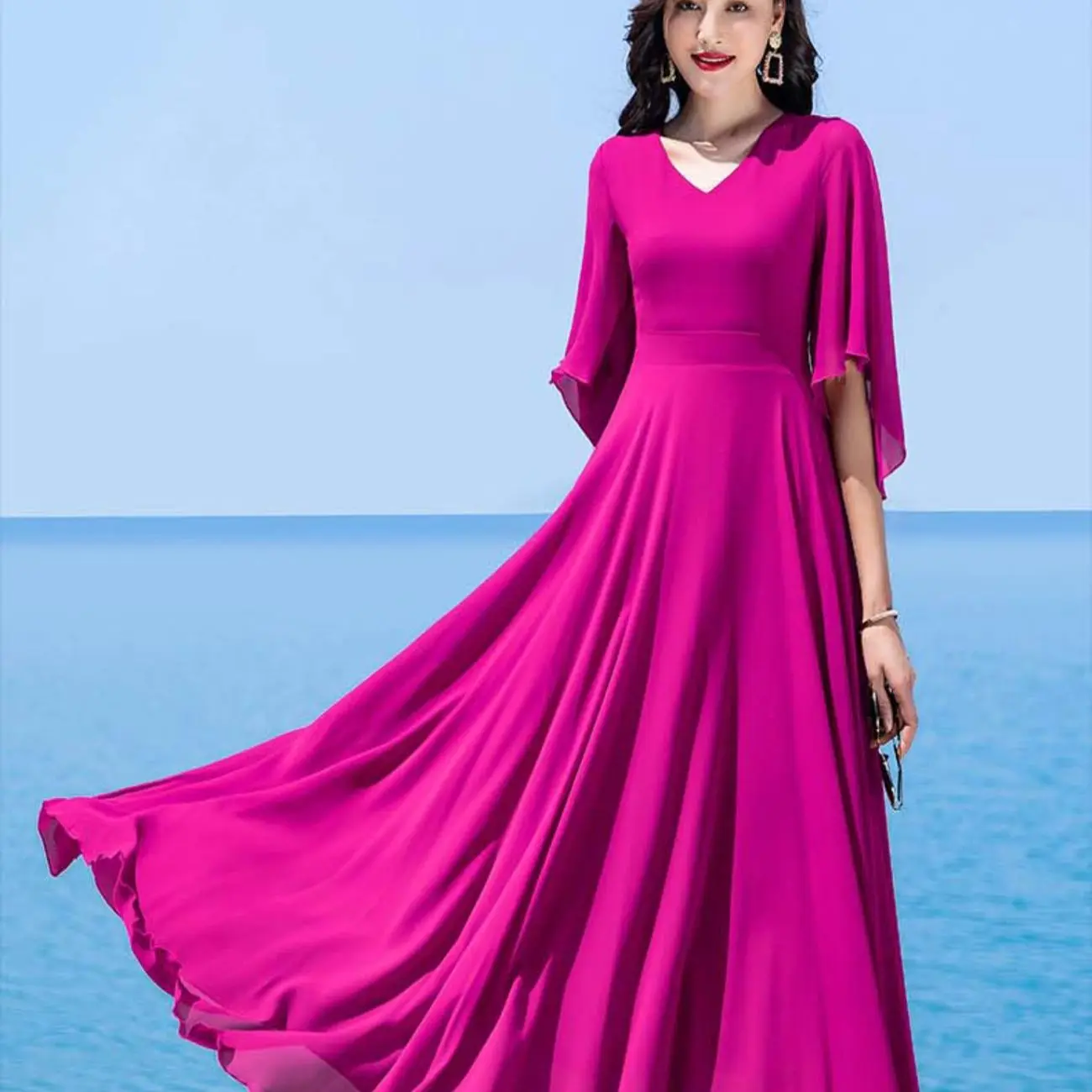 Women Summer Dress Swing Solid New Mid Sleeve Dancing Chiffon Bohemian  Vacation Beach Long Elegant Ladies Party Dresses Vestidos - AliExpress  200000345