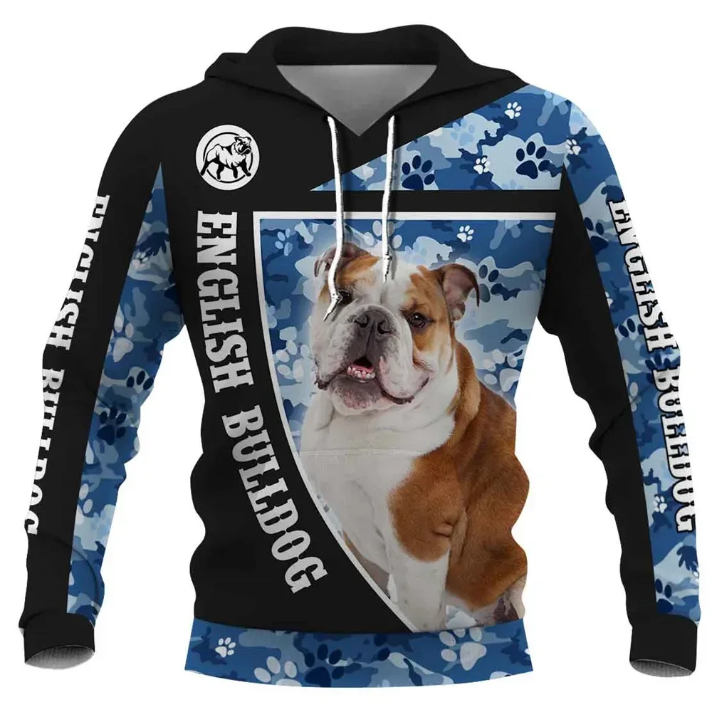 

HX Fashion Animals Hoodies English Bulldog Blue Camo Hoodie Sweatshirts Polyester Printed Pockets Sportswear Streetwear