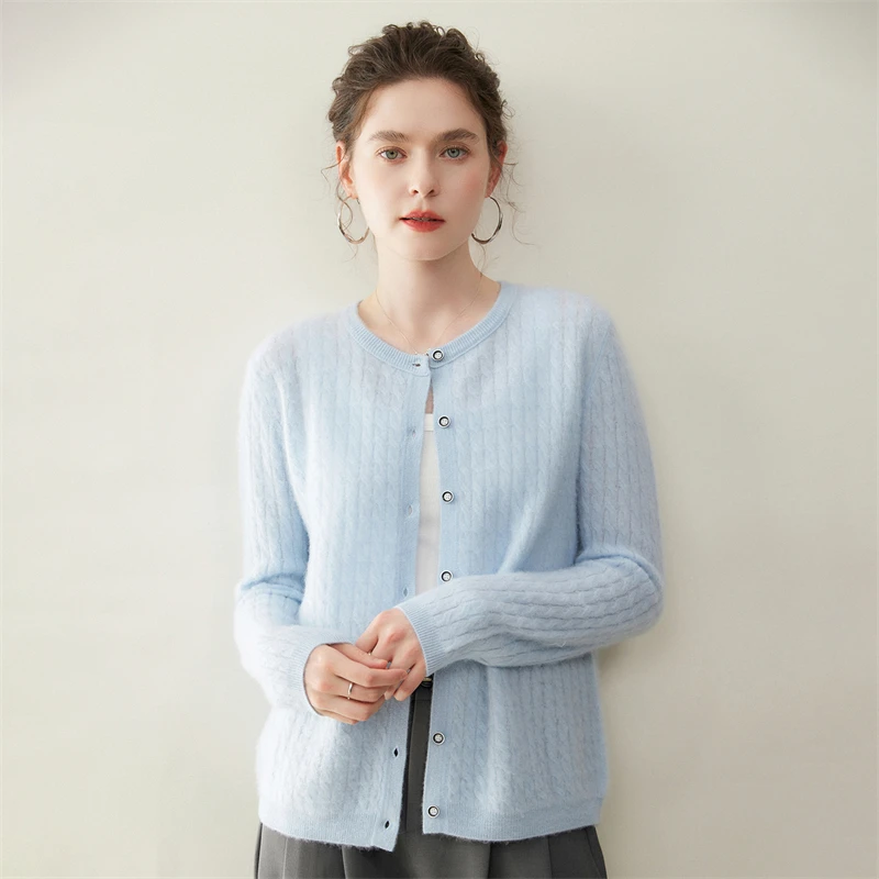 

Casual Soft Women O-neck Cardigan Autumn Winter 100% Cashmere Sweater New Fashion Woman Base Layer Twist Flower Knitted Tops