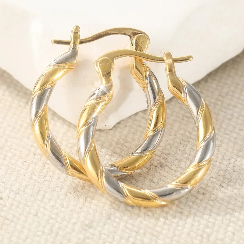Fashion Two Tone Twisted Hoop Earrings For Women Elegant Gold Color Earrings Banquet Wedding Anniversary Jewelry