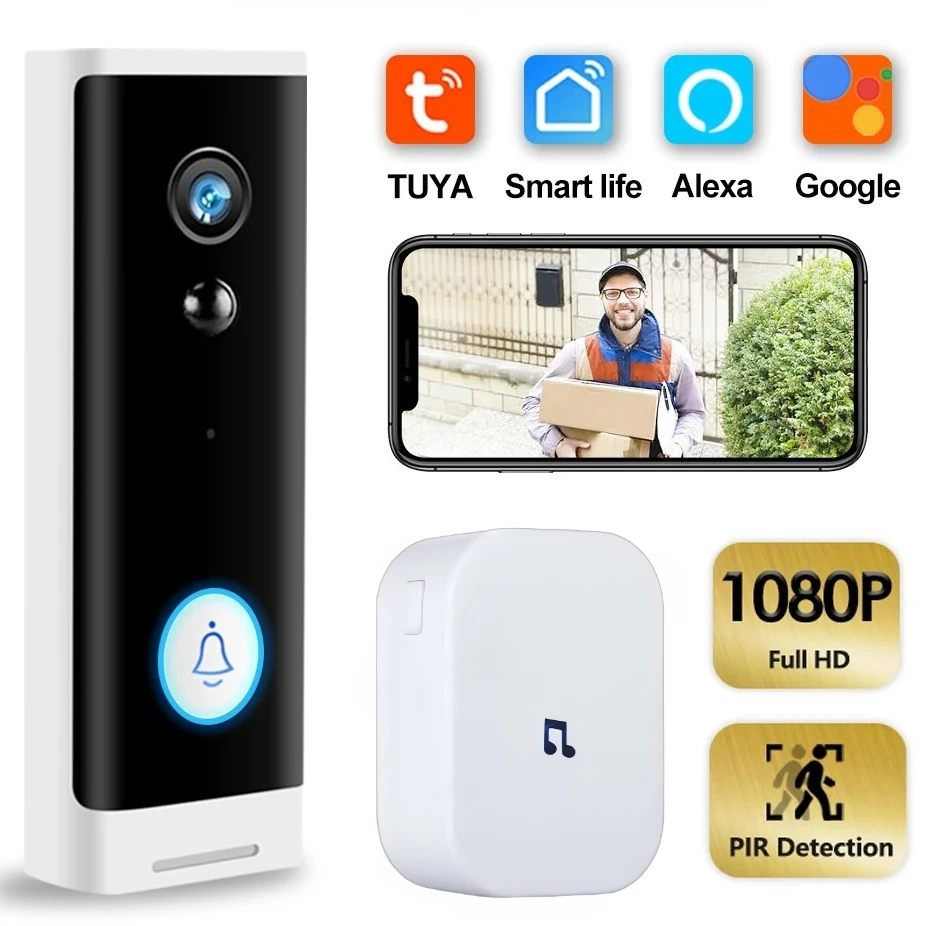 

Беспроводная камера дверного звонка Tuya, Wi-Fi 1080P, видеодомофон, обнаружение движения, аккумулятор 18650, умный домашний монитор, цифровые дверные глазки