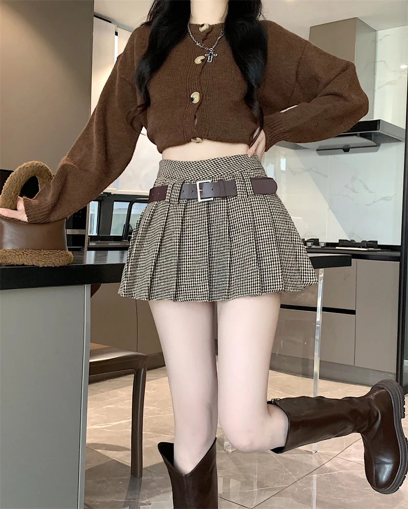 MiiiiX Preppy Style Retro High-waist Pleated Skirt Women's 2024 Autumn Design Fashion Slim Short Plaid A-Line Skirt with Belt