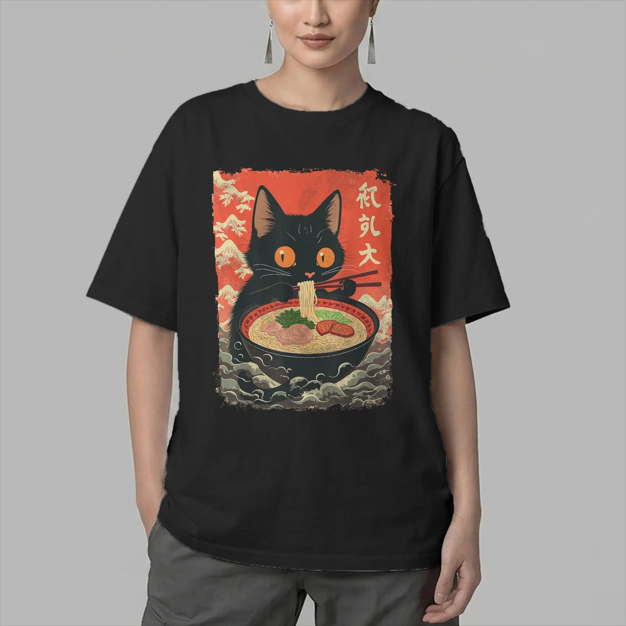 Men's T-Shirts Japanese Black Cat Ramen Creative Pure Cotton Tee Shirt Short Sleeve Kawaii Noodle Cat T Shirt O Neck Tops