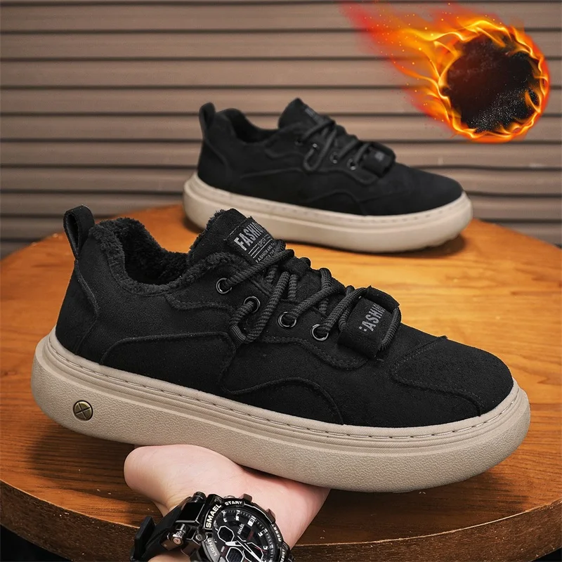 Men's Cotton Padded Flats Winter Snow Boots Warm Fur Fleece Lined Ankle Boots Slip Resistant Outdoor Platform Casual Board Shoes