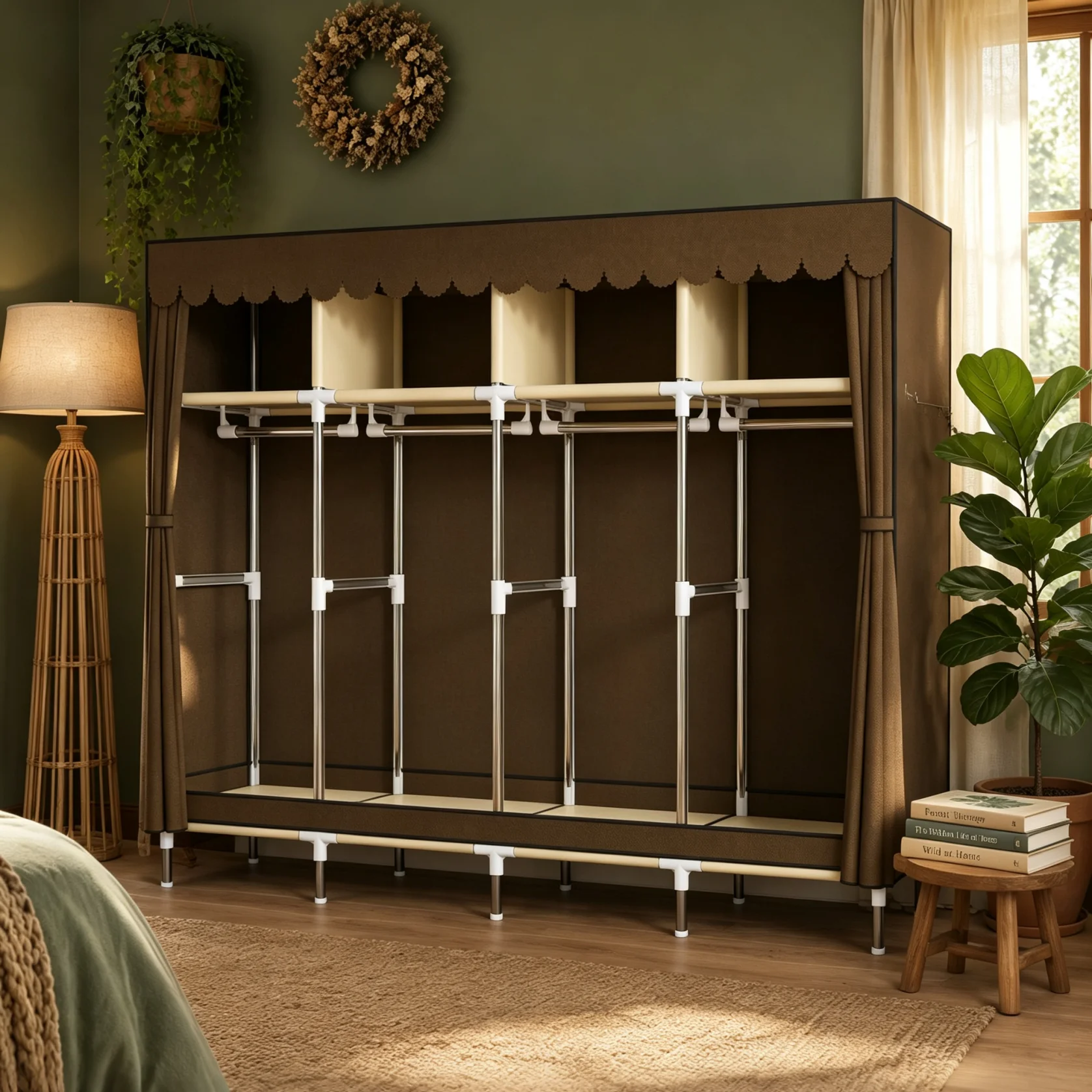Spacious Closet Organizer for Dormitory Sturdy 16mm Metal Tube Wardrobe Dustproof Cover 8 Total Storage Areas 78.7x17.7x66.9in
