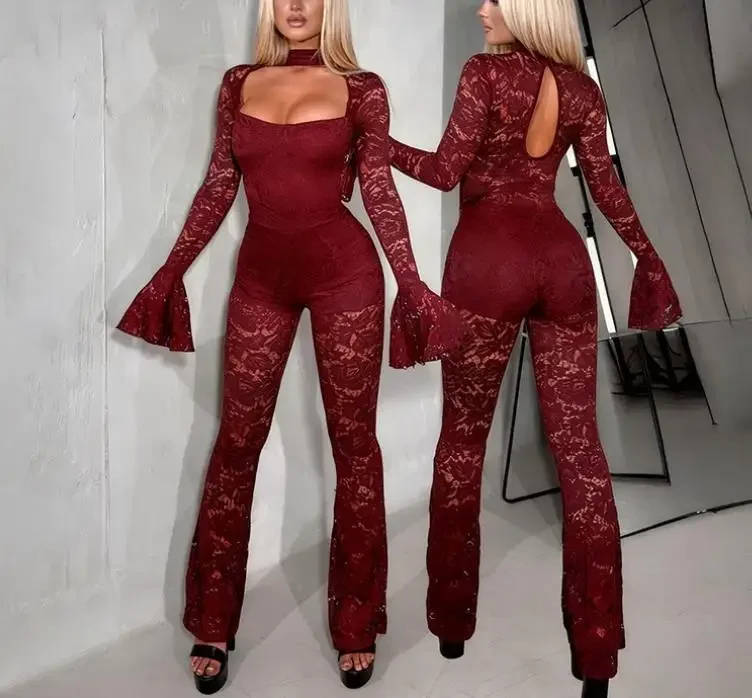 Autumn & Winter New Fashionable and Sexy Hollow Out Flared Sleeve Lace Jumpsuit 2026 Female Fashion Sexy Slimming Long Jumpsuits