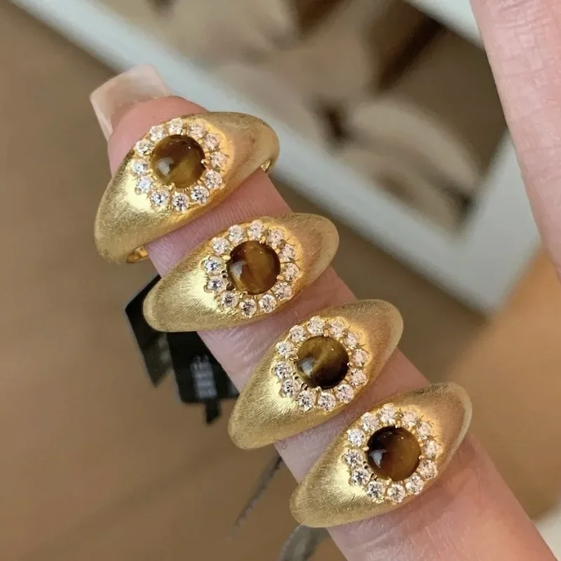 

Vintage brushed tiger eye stone rings for women retro Laziness light luxury layered exquisite round High quality ring jewelry