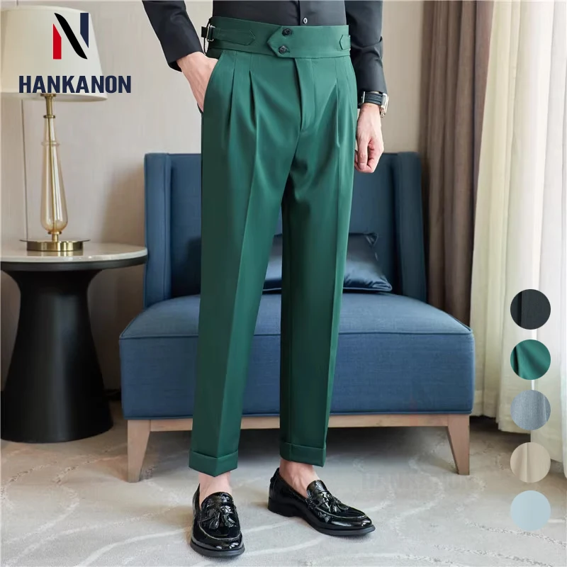 Men\'s Naples Trousers, Daily Casual Drape Sense High Waist Straight Tube Leisure Pants.Retro Green Formal Suit Pants.29-36