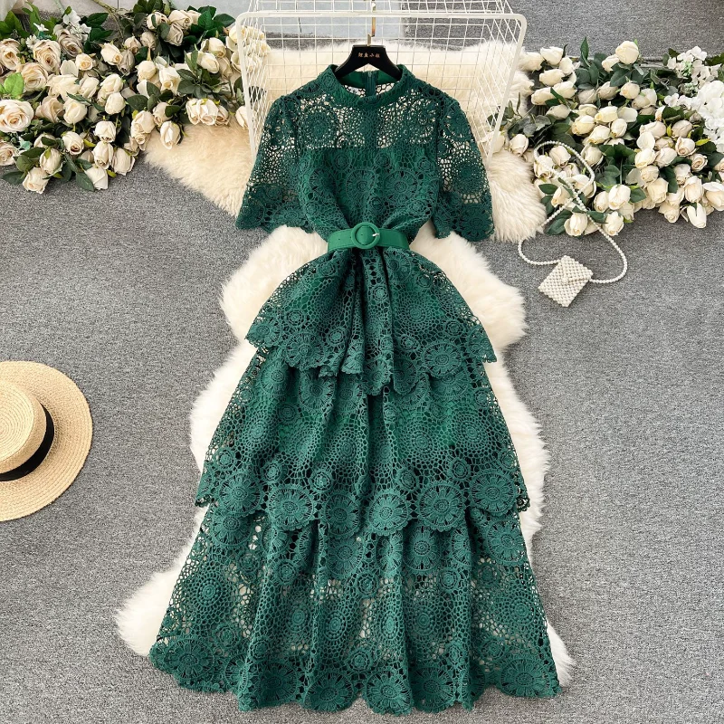 2025 novo vintage elegante em camadas vestido de renda oco para fora design feminino estilo socialite bolo vestidos multi-camada plissado borda vestido