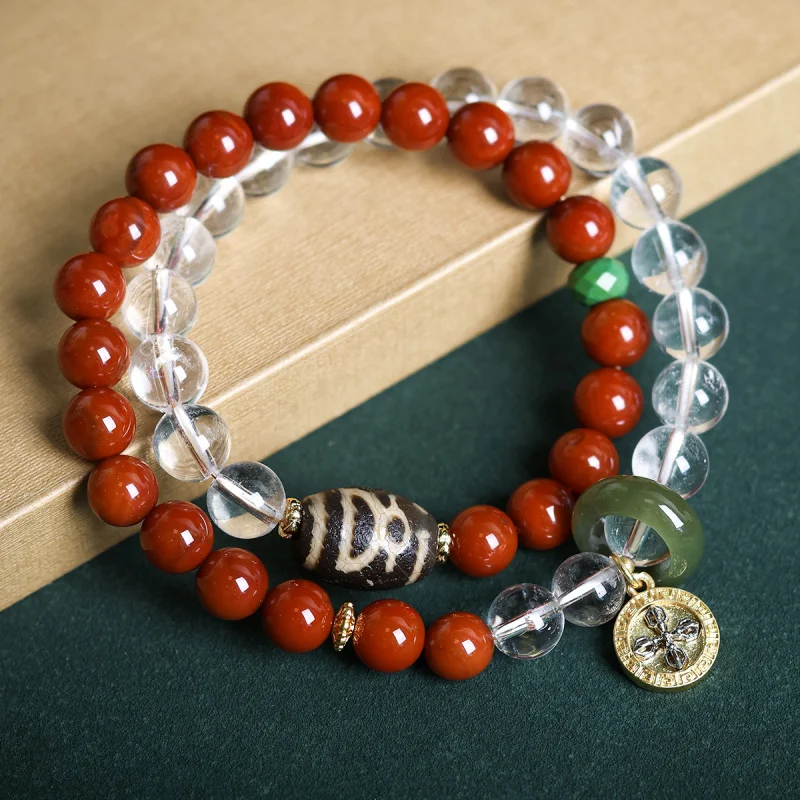 

Nanhong Agate with Natural White Tibetan Ornament God of Wealth Dzi Bead Hetian Jade Running Ring Bracelet