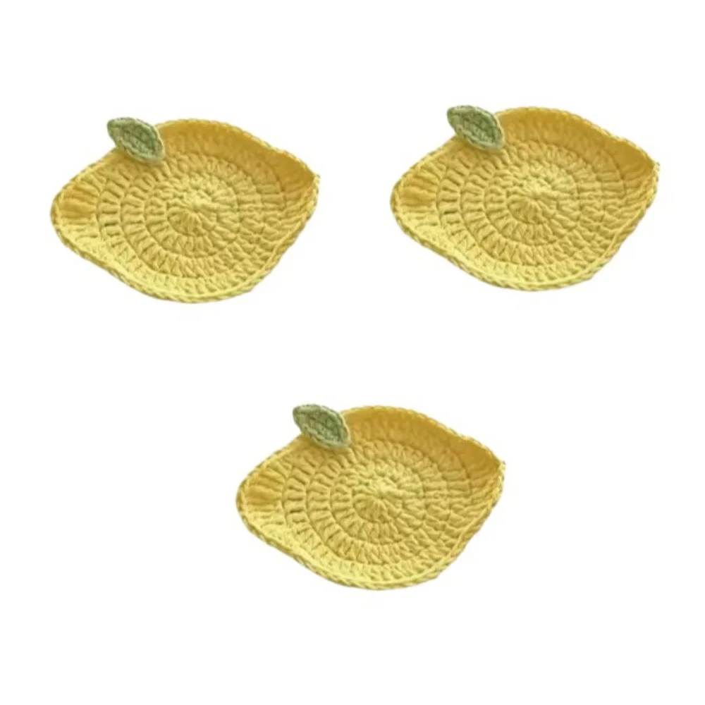 3PCS Portable Heat-insulating Hand-crocheted Lemon Coasters Fruit-themed Non-Slip Cup Mats Handmade Polyester Drink Mats Party