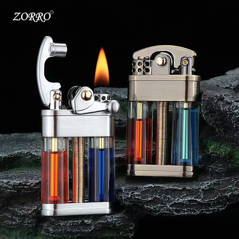 ZORRO Windproof Rocker Arm Oil Lighter Metal Transparent Double Fuel Tank Cool Unusual Grinding Wheel Kerosene Lighter Men Gift