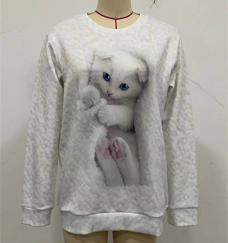 Sweat à capuche blanc imprimé chat mignon pour femme, décontracté, épissage à col rond, manches longues, animal 3D, automne, 2023