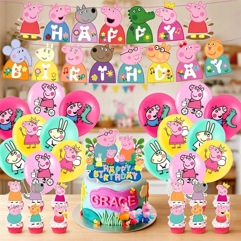 Peppa Pig Party Decoration Cartoon Banner Supplies Balloons Plates Cup Tablecloth Plates Tableware Set for Baby Shower Decor