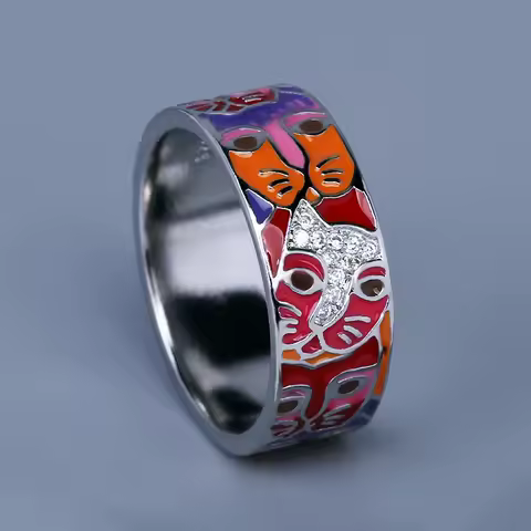 2024 New Ring for Women's Fashion Color Epoxy Cat Face Ring Unique Handmade Enamel Jewelry 925 Silver Wedding Bridal Ring