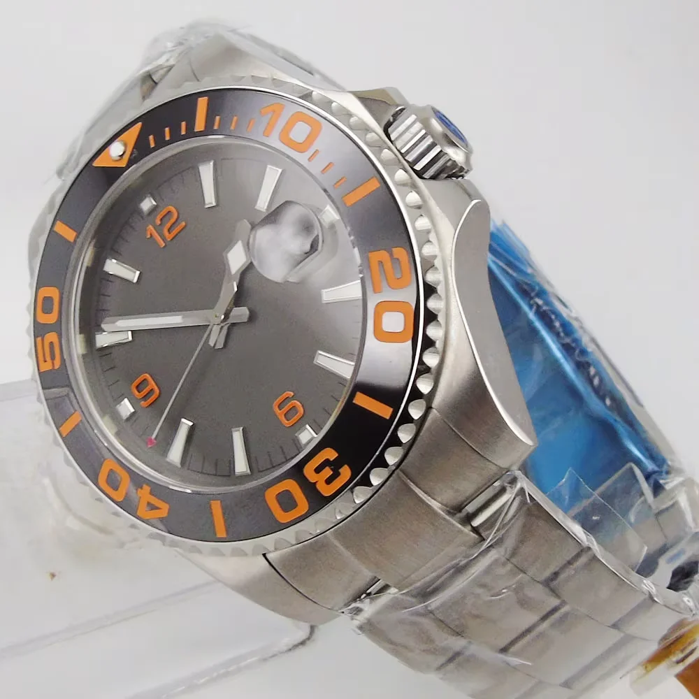 Luxury Male Mechanical Wristwatch Grey Orange Marks Steel 43mm Case Mental Screw Back Unidirectional Bezel Sapphire Glass