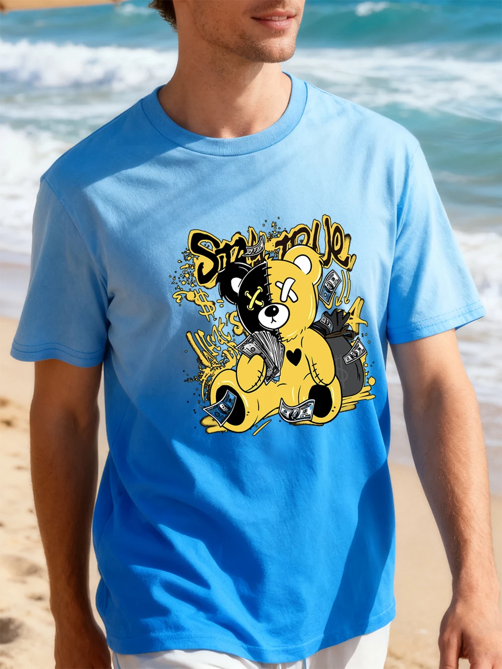 

Cute Bear With A Lot Of Money Cotton Gradient Dye T-Shirt Women Summer Short Sleeve T Shirt O-Neck Oversized Tops Basic Clothes