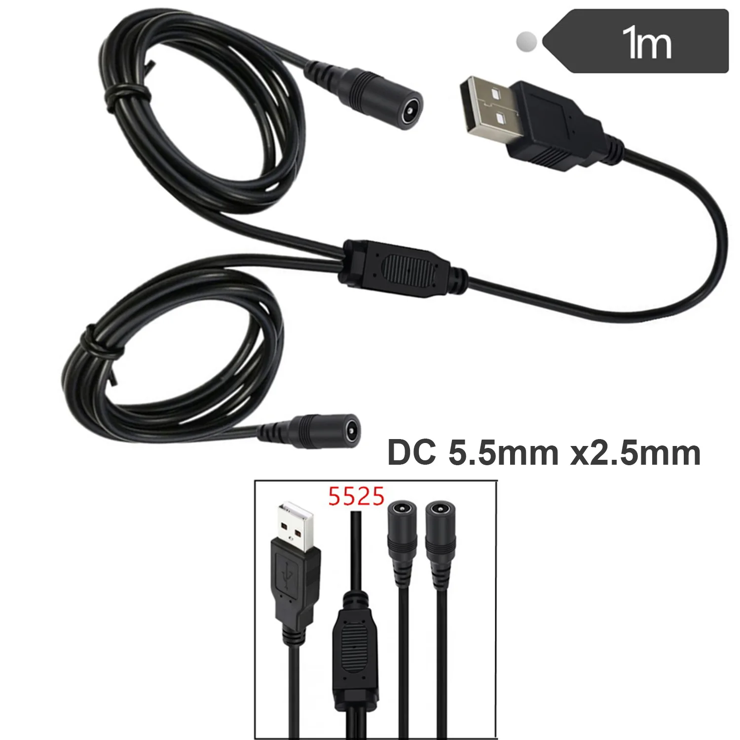 

1M USB Male to Dual DC 5.5mm x 2.5mm Female Power Cord Cable 5V 3A Dual Power for Motion Sensor Lights Cabinet Lamp 5525 Devices
