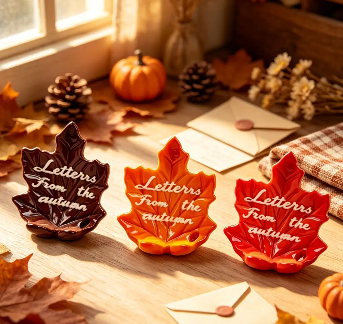 3pcs Autumn Maple Leaf Ceramic Decor Tray Fall Harvest Letter Dish Home Tabletop Ornament DIY Micro Landscape Scene Decoration