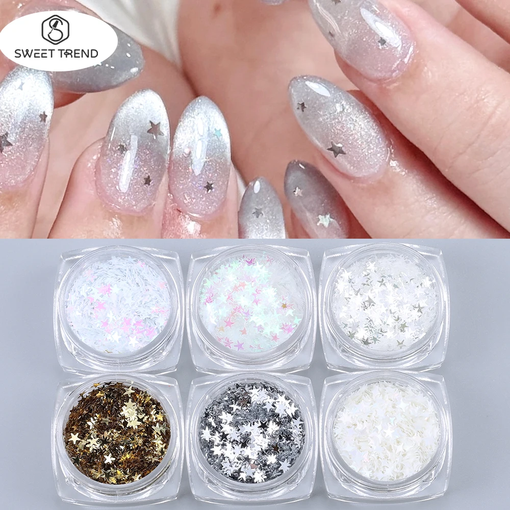 SWEET TREND-6boxes/set Y2K Star Nail Art Glitter Sequins Shiny Gold Flakes Sequins 3D Nail Paillette Manicure Gift Decorations