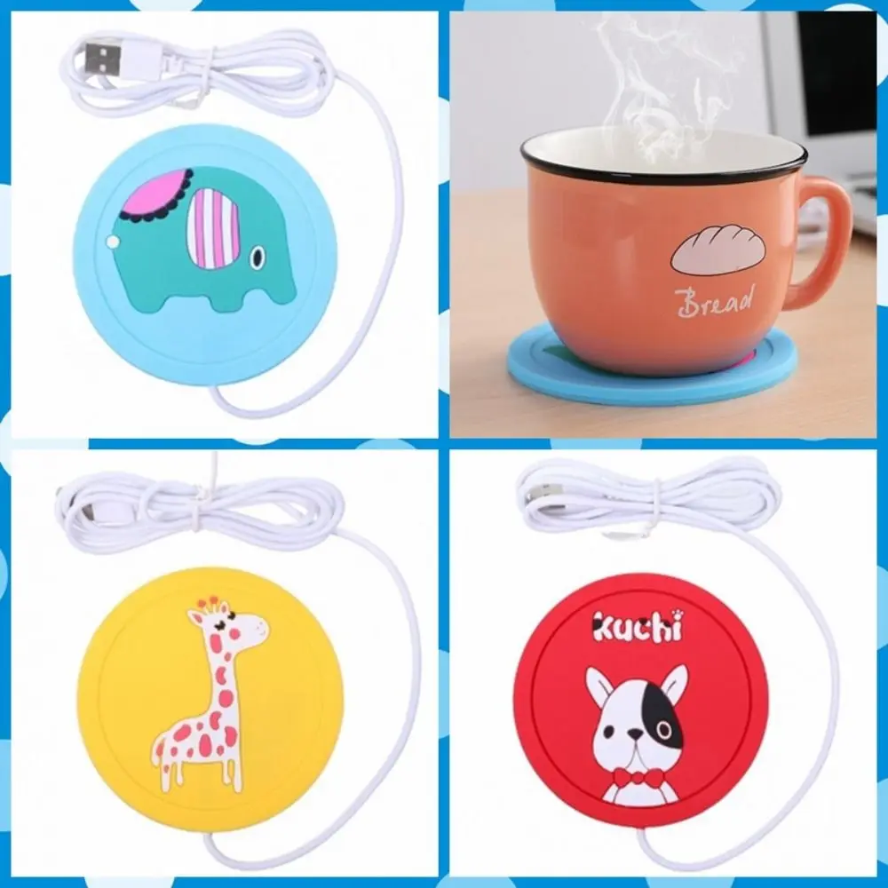 Silicone USB Cup Warmer Pad Mug Mat with USB Charging Cable Round Coaster Cartoon Animal Pattern Heating Cup Mat Office