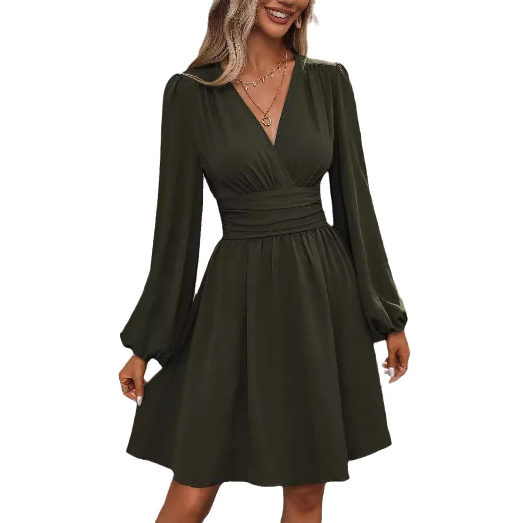 A Line Pleated Dress Elegant and Refined with Pull on Autumn High Waist Lantern Sleeves Midi Length Party Dress for Women