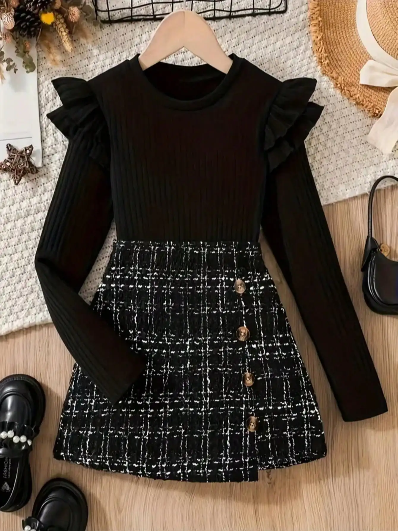 Einzigartiges Langarm-Oberteil mit Rüschenrand und Twill-Strickrock-Set, beliebter Stil für den Alltag und Reisen – Detail 9