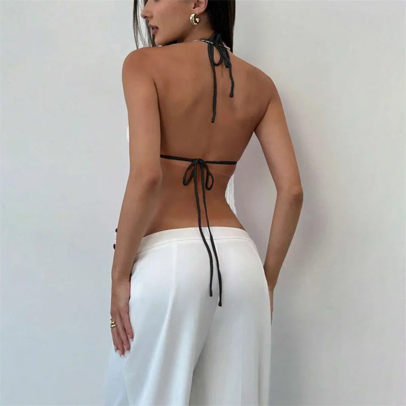 Women's Sexy Halter Lace-Up Knitting Bikini Cover up Beach  Crop Top Vest Brazilian Crochet Swimsuit Female Swimwear Camis