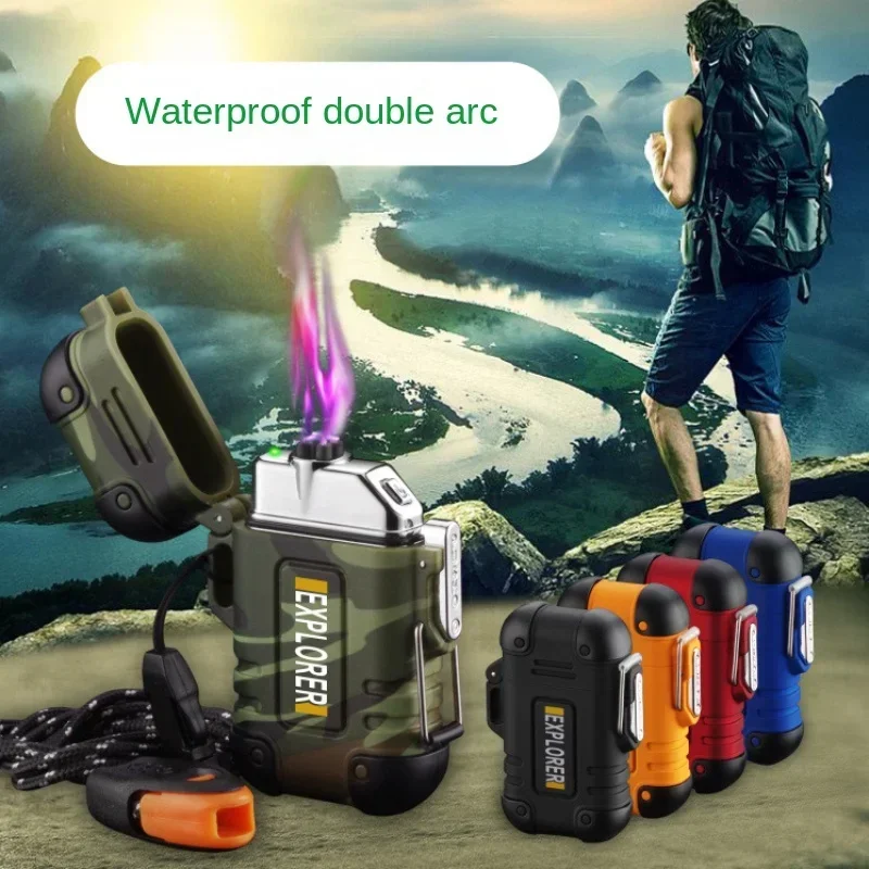 Type-C Outdoor Waterproof Cigarette Lighter Dual Arc Lighter Windproof Personalized Safety Buckle Silent Cigarette Lighter