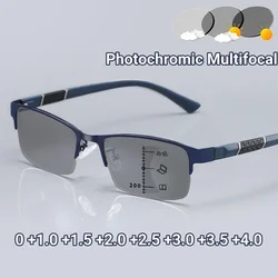 Men Business Presbyopia Photochromic Multifocal Eyewear Metal Frame Far Sighted Eyeglasses with Sunshades Smart Reading Glasses