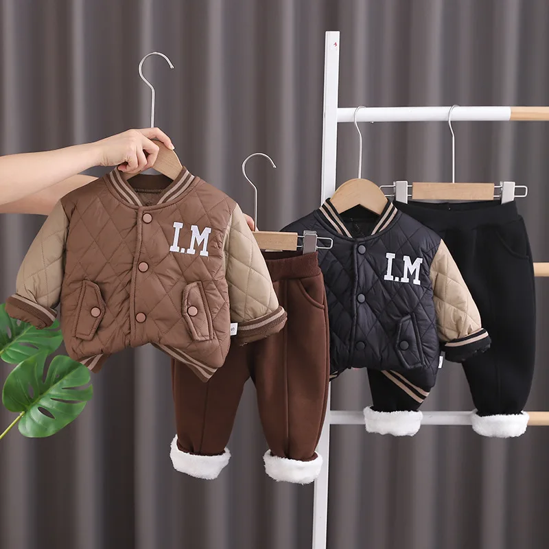 

Boys Thick Clothing Sets Winter Children Cotton Velvet Baseball Jackets Pants 2pcs Tracksuits For Baby Warm Suit Kids Outfits 5Y