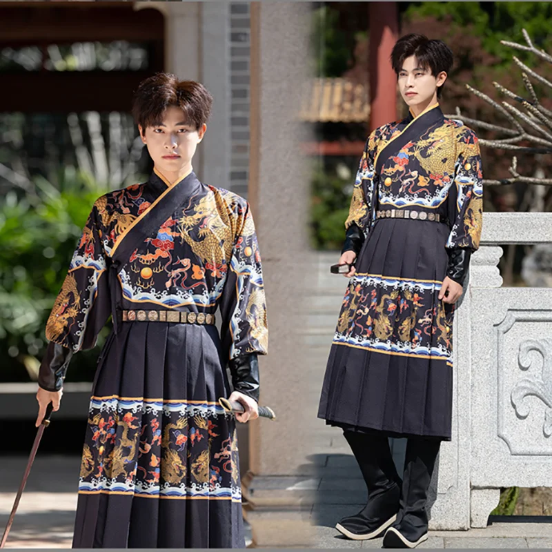 Chinese Hanfu Men Ancient Traditional Hanfu Flying Fish Black Red Robe Cosplay Costume Theme Party Hanfu Tang Suit Plus Size 3XL