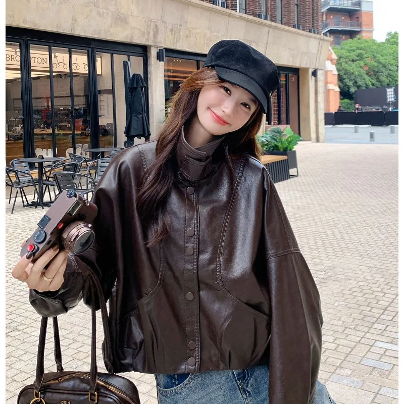 Vintage Leather Jackets for Women Loose Bomber Jackets Spring Autumn Moto Biker Coats Korean Fashion Women Clothes Outerwears