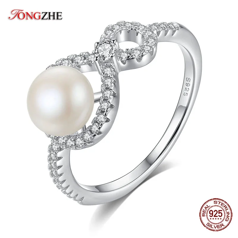 TONGZHE Infinite Rings For Women Luxury 100% 925 Sterling Silver Circle Life Stone CZ Natural Freshwater Pearl Wedding Jewelry