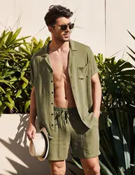 Pyjama d'été en coton et lin pour homme, ensemble 2 pièces, chemise décontractée, vêtements d'intérieur, confortable, respirant, plage, manches courtes