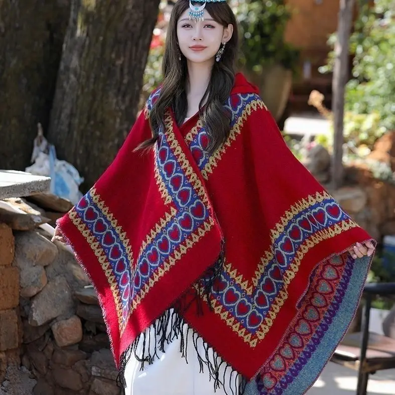 

New 2025 Autumn/Winter Travel Poncho Tops Women Boho Cloak Vintage Wine Red Tassel Hooded Cape Shawl Sweater Coat Ladies Wh198