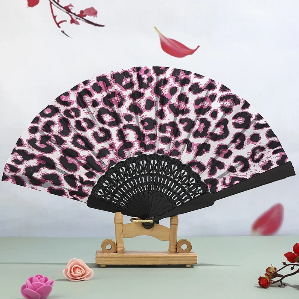 Fashion PP Folding Fan Leopard Print Cloth Hand Fold Fan Black Pole Handheld Portable Fan Dance Prop
