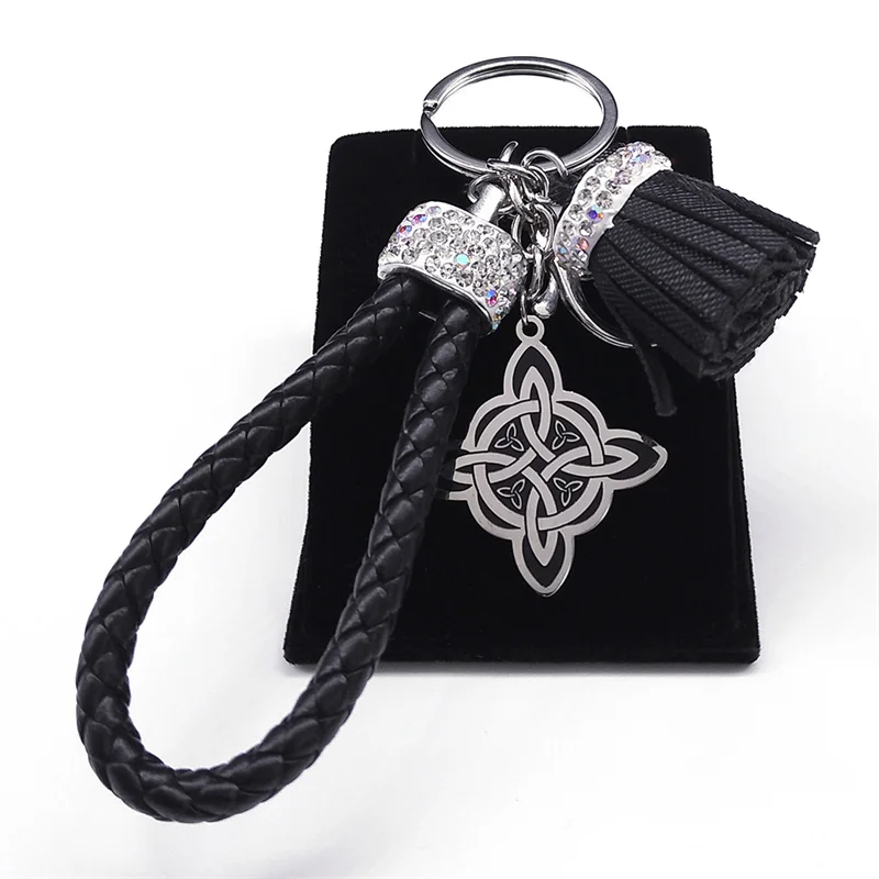 Witch's Irish Knot Key Chain with Tassel Leather Stainless Steel Pendant Witch Celtic Knot Car Key Holder Jewelry nudo de bruja