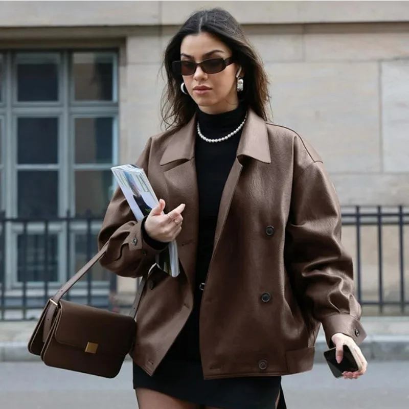 A Retro and Stylish Loose-fitting Leather Jacket Suit Collar New Cross-border Leather Jacket Women Autumn Winter Europe America
