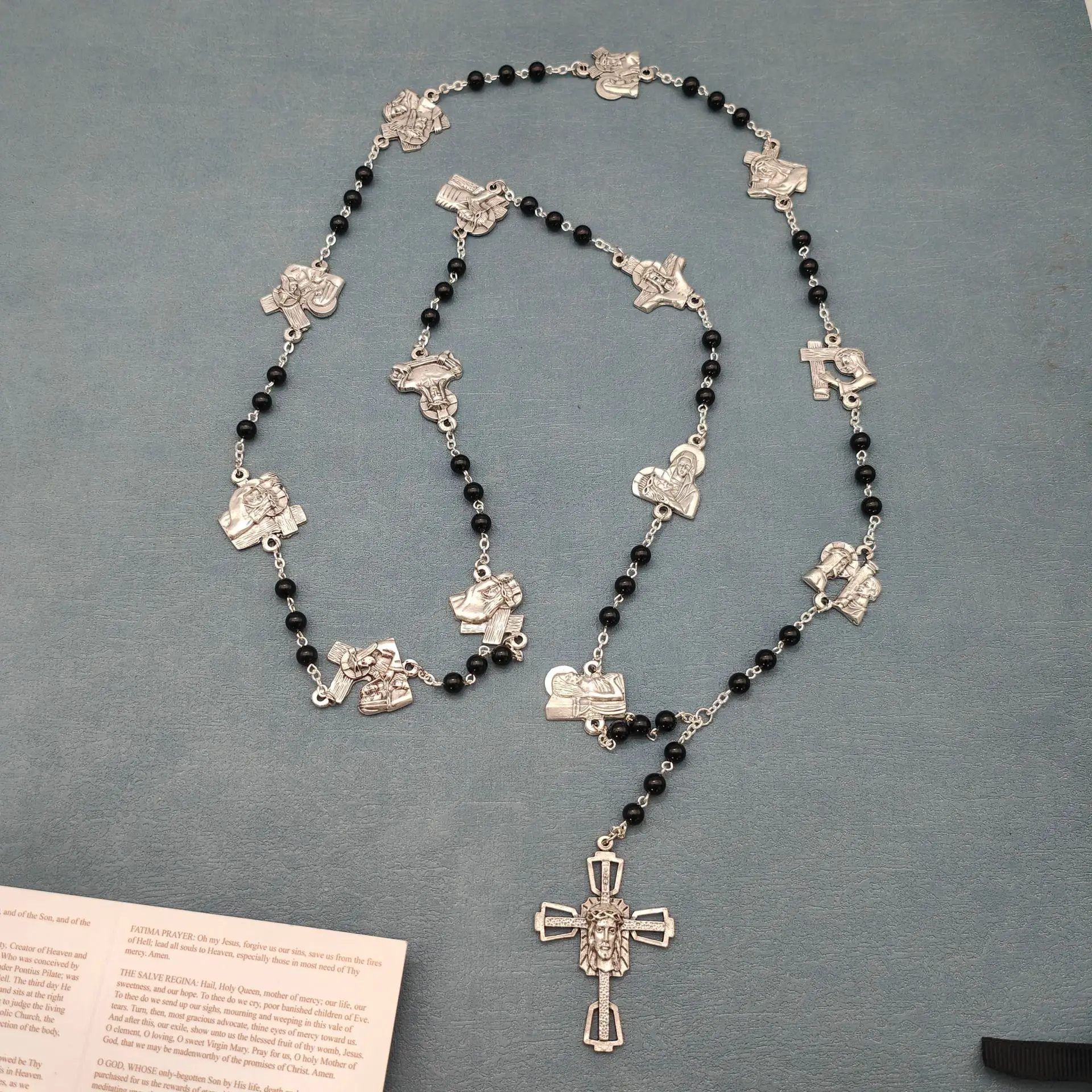 Collier croix chapelet chrétien catholique, quatorze Cruces, accessoires de perles de prière, chaîne italienne