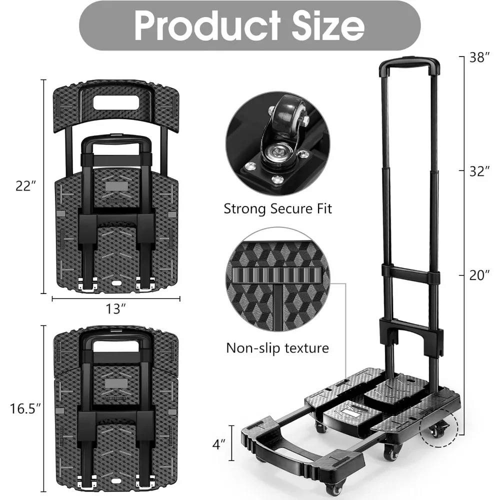 Folding Hand Truck 600lbs, Portable Heavy Duty Dolly Cart, 6 Wheels Collapsible Luggage Cart with 2 Elastic Ropes - Easy Moving