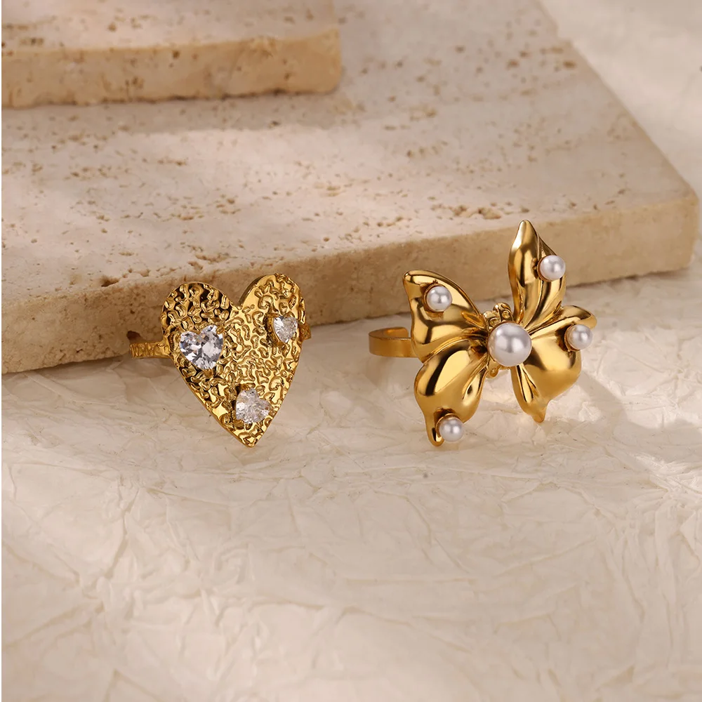 여성용 빈티지 진주 장식 러브 하트 나비 매듭 반지, 조정 가능한 스테인레스 스틸 패션 액세서리, 우아한 보석 디자인